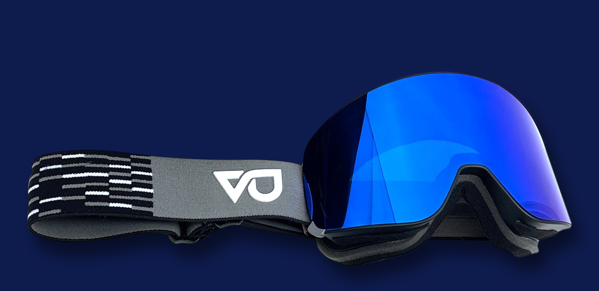 Blaze 2.0 in Blau mit blau verspiegeltem Glas und grauem Band mit VU-Logo